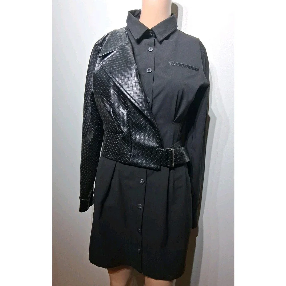 Maniere De Voir Black Woven Vegan Leather Overlay Shirt Dress Size 2 NWT - Picture 2 of 9